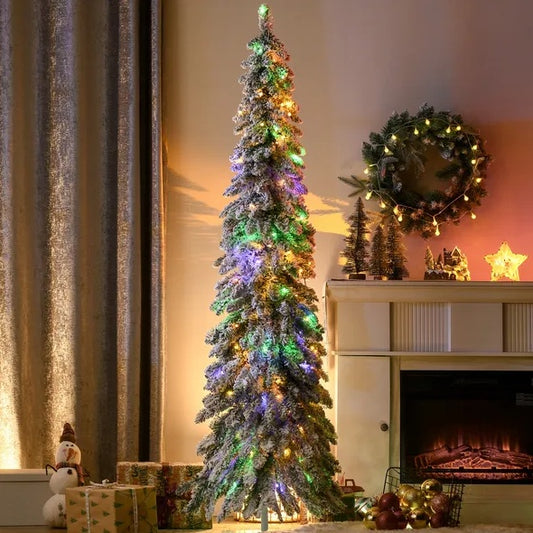 HOMCOM 6ft Tall Prelit Pencil Artificial Christmas Tree Holiday Decor With 407 Snow Flocked Branches, 250 Warm White Or Colorful LED Lights, Downswept Shape