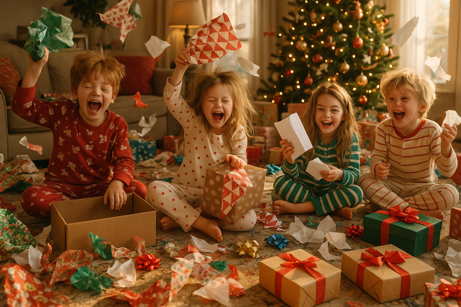Wild and crazy christmas morning, wrapping paper, kids, presents, realistic image