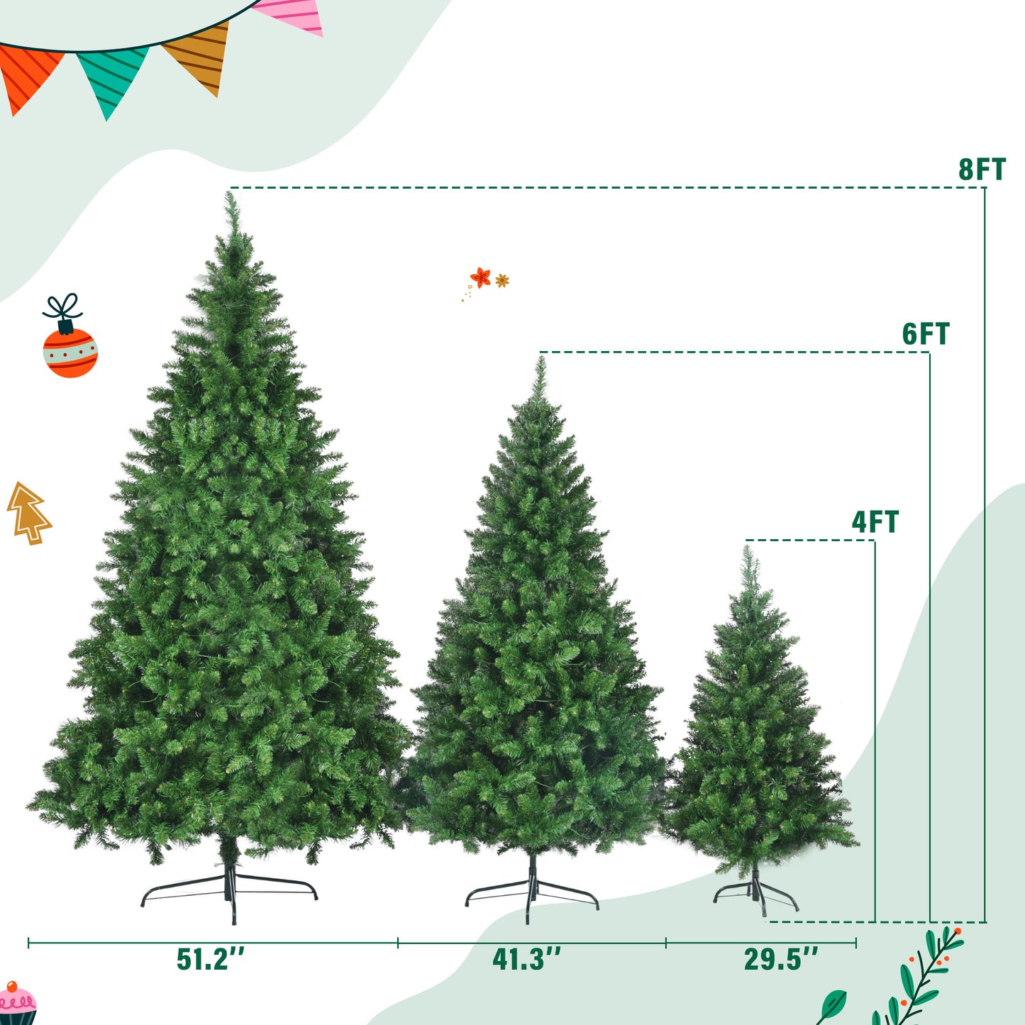8ft, 6ft, 4ft Pre-Lit Green Pine Artificial Christmas Tree, 3 Articulated Christmas Trees With 820 Warm Yellow LED Lights & 2539 Branch Tips For Festive Decoration For Home, Office & Party