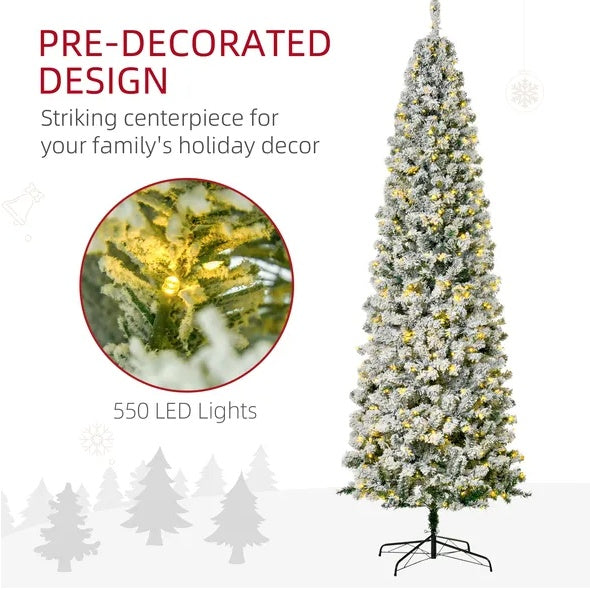 9ft Pre-Lit Snow-Flocked Slim Douglas Fir Artificial Christmas Tree With Realistic Branches, 550 LED Lights And 988 Tips